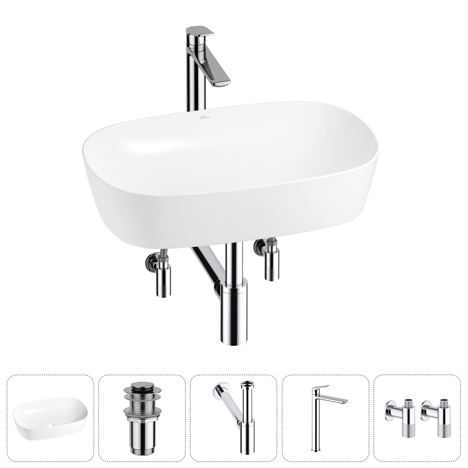 Накладная раковина для ванной комнаты Wellsee Ground Breaking 20212345R в наборе 5 в 1: раковина бел