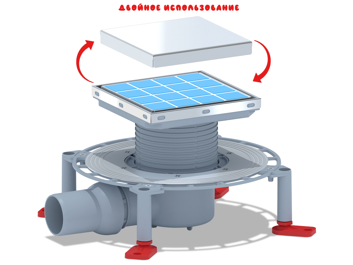 Трап горизонтальный регулируемый АНИ Пласт TVA5812 выпуск 50 мм с решеткой из нержавеющей стали 150х150 мм под плитку