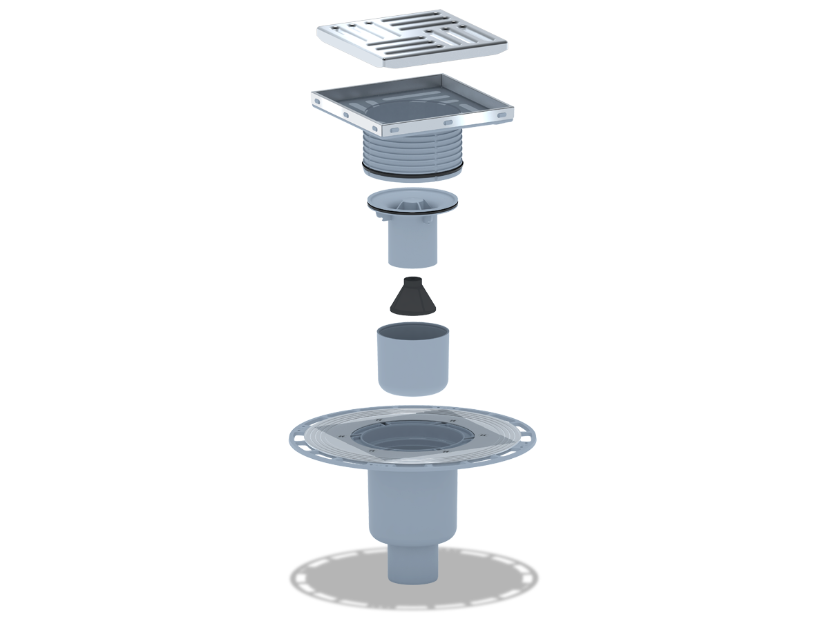 Трап для душа АНИ Пласт THZ5712 DN50 высокий вертикальный регулируемый с комбинированным затвором и решёткой из нержавеющей стали 150х150 мм
