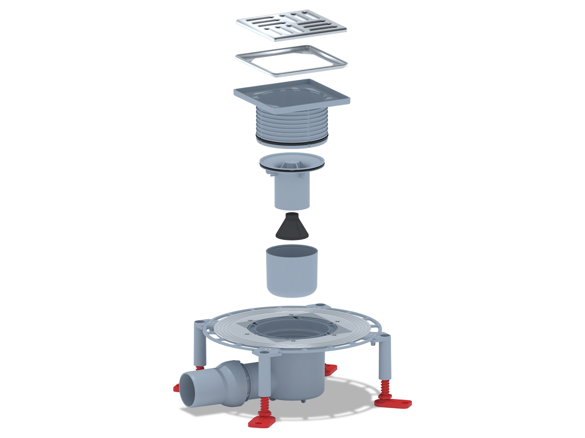 Трап для душа АНИ Пласт THZ5614M DN50 горизонтальный регулируемый с комбинированным затвором, с решёткой и обрешеткой из нержавеющей стали 120х120 мм