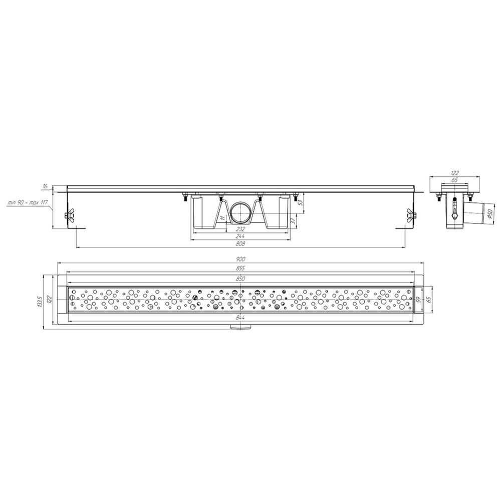 Трап линейный из нержавеющей стали АНИ Пласт TLZ2385G DN50 с комбинированным затвором глянцевой решёткой Бриз 850х65 мм