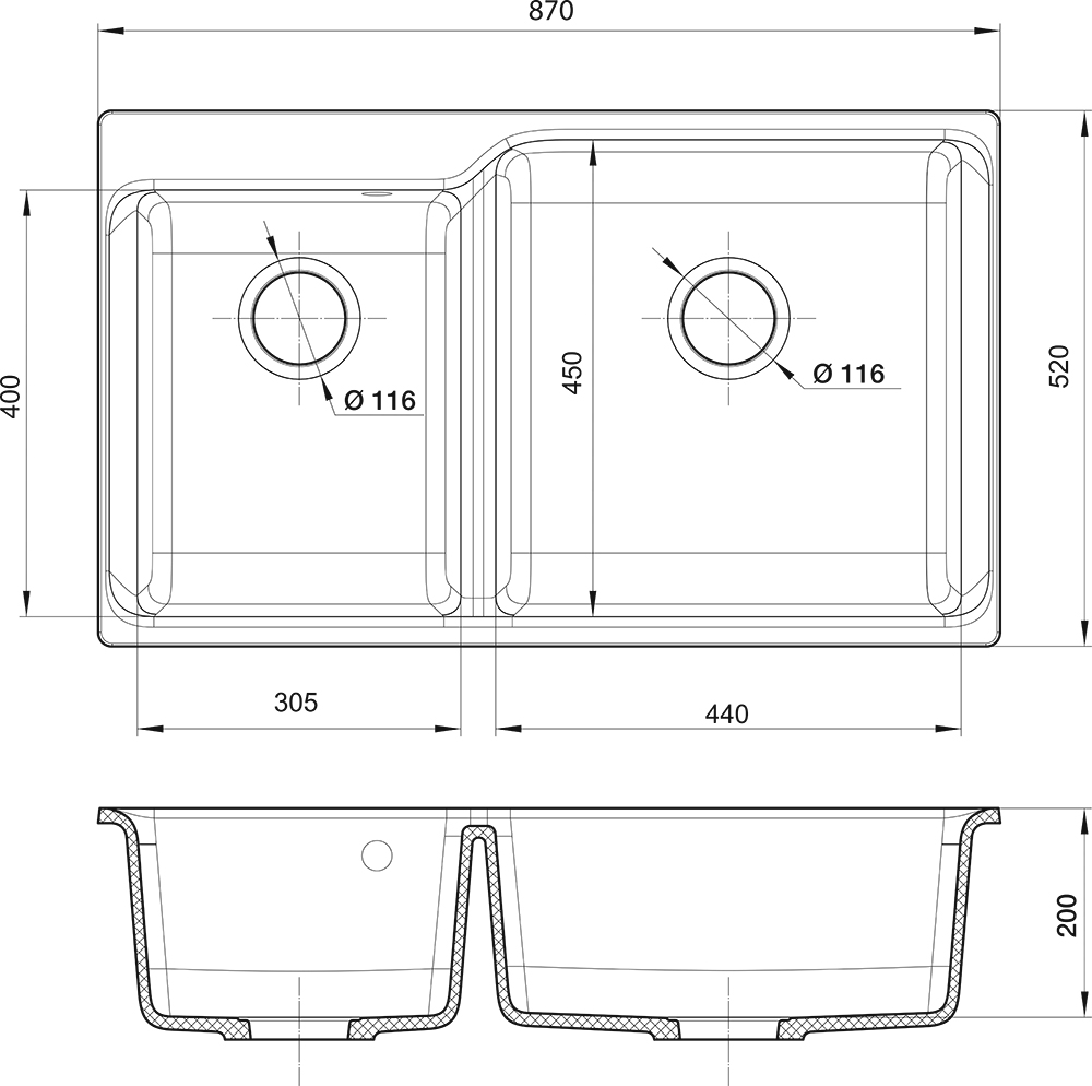 RIVELATO Мойка AXEL 90D  2-чаши 870*520мм antracite арт.