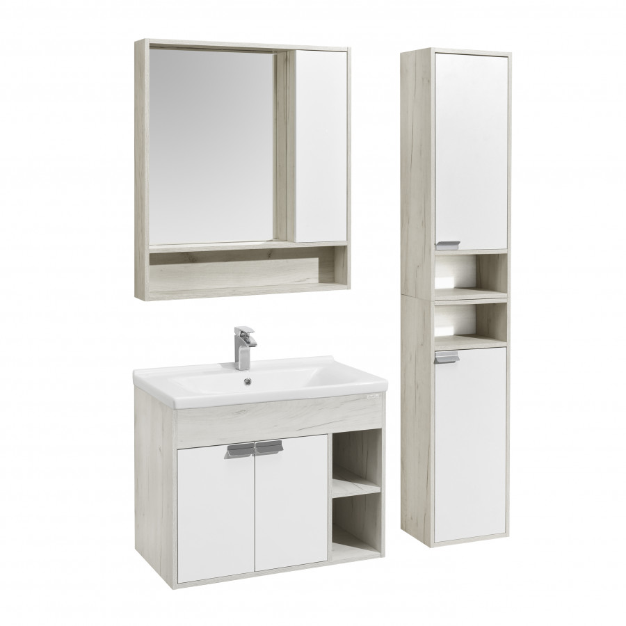 Тумба ФЛАЙ 80, белая, дуб крафт (под раковину МИРАНДА 80)