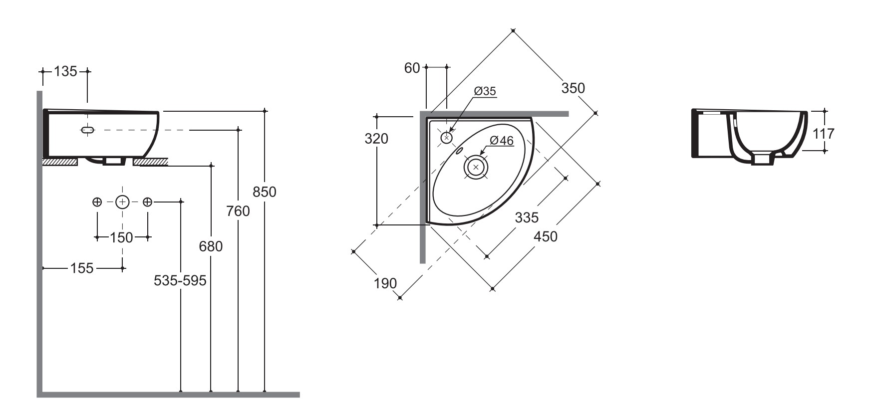 Раковина КЕРАМИН ЛАГО 45 УГЛОВОЙ белый глянец CDB00023611 (4810531138464)