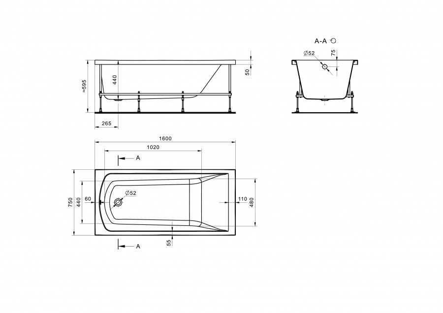 ФИДЖИ Ванна акриловая 160х75 см., без монтажного комплекта, САНТЕК