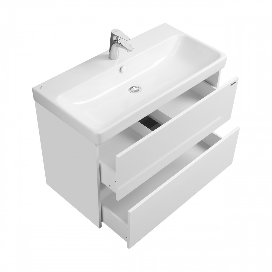 Тумба СКАНДИ 90, подвесная, 2 ящ., белая матовая/белый глянец (под раковину АДРИАНА 90)
