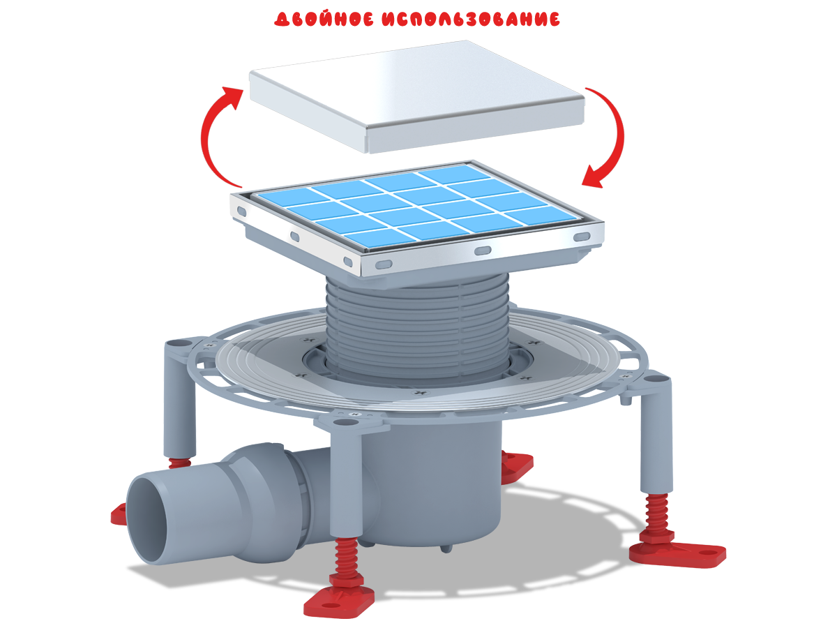 Трап для душа АНИ Пласт THQ5812 DN50 горизонтальный регулируемый с сухим затвором и решёткой из нержавеющей стали 150х150 мм под плитку