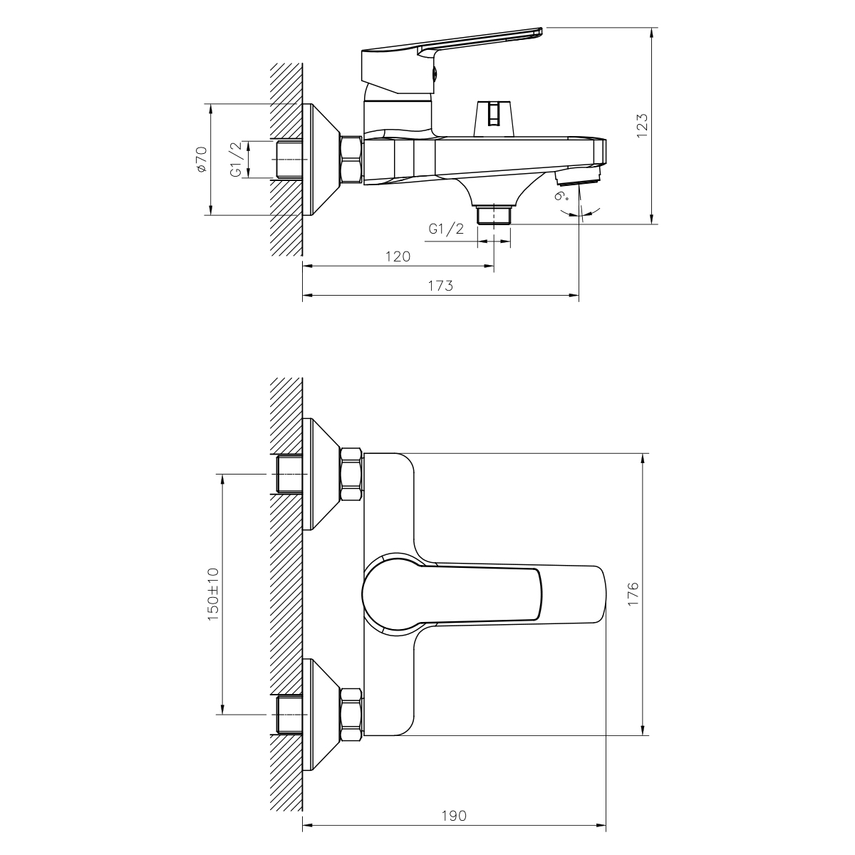 DR22 Смеситель для ванны, монолит.излив 173мм, р/ОД, хром, DR, DR22036