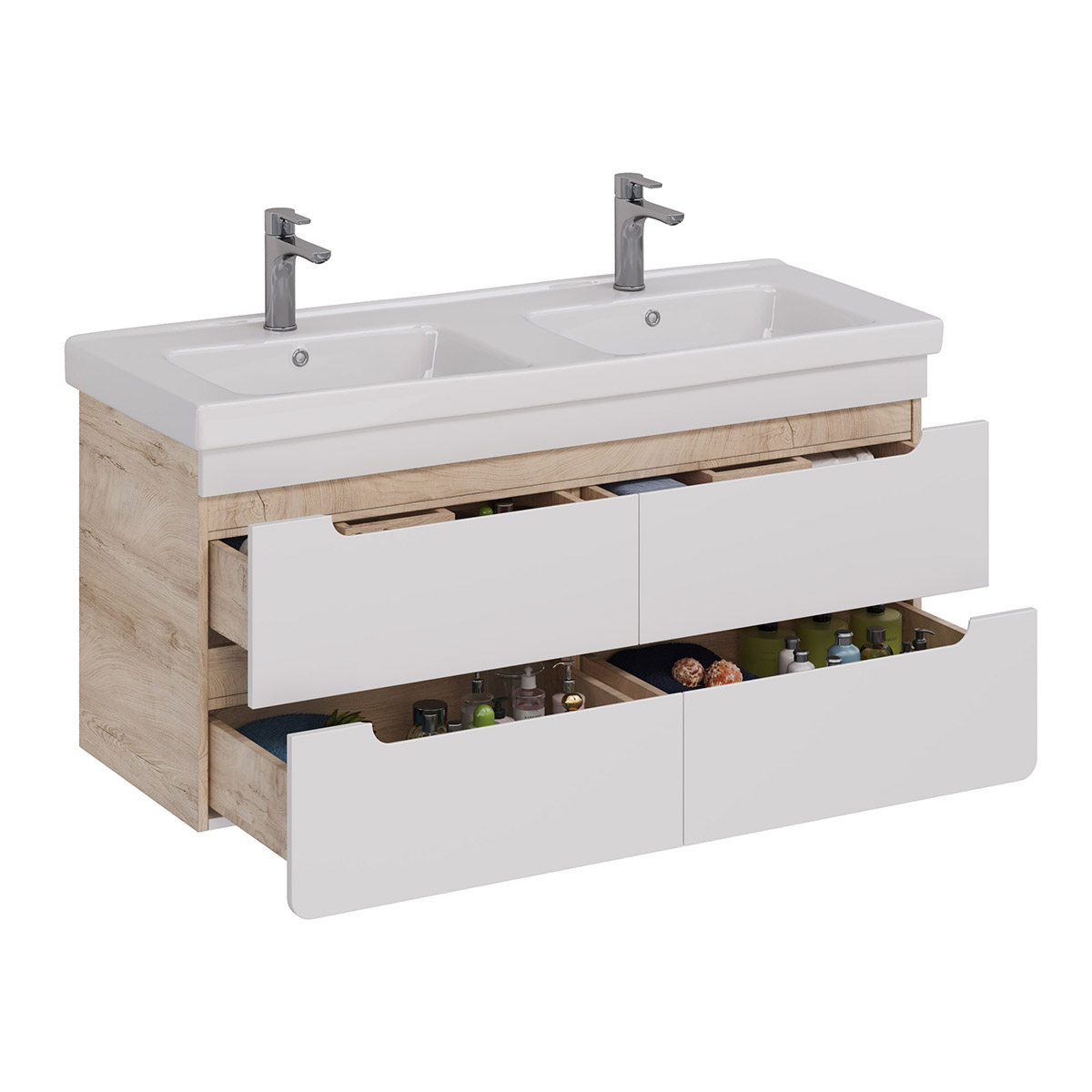 Тумба Lemark OLIVIA 125 см под 2 раковины, подвесная,4 ящика, цвет корпуса: Дуб кантри, цвет фасада: