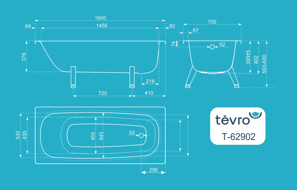 TEVRO Ванна стальная 160х70х40 см. с опорной подставкой, без ранта, белый лотос, ВИЗ