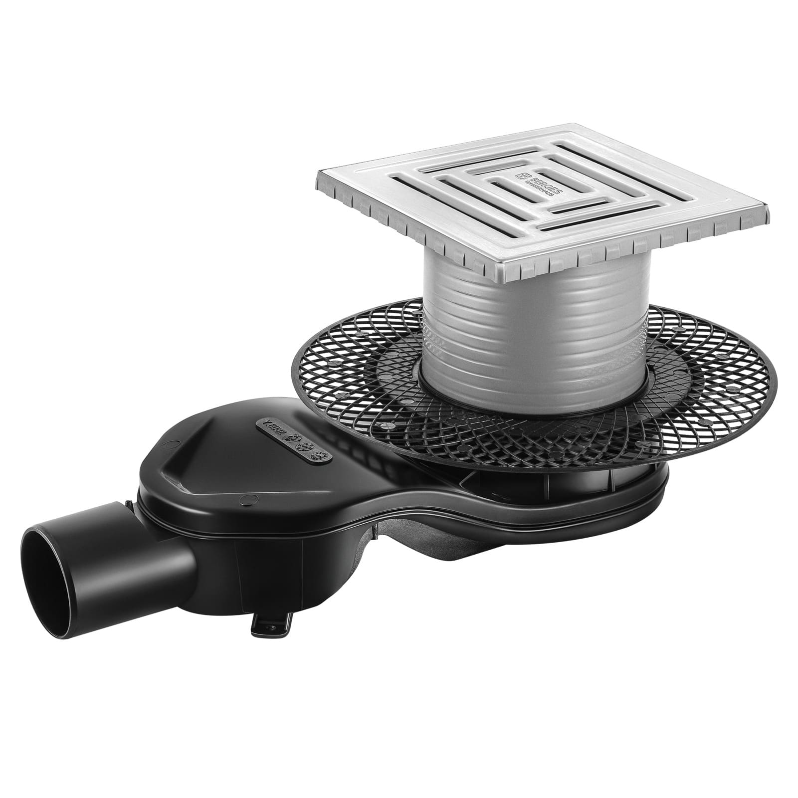 Трап водосток PLATZ Uno 150х150, матовый хром, S-сифон D50 H60 боковой, BERGES