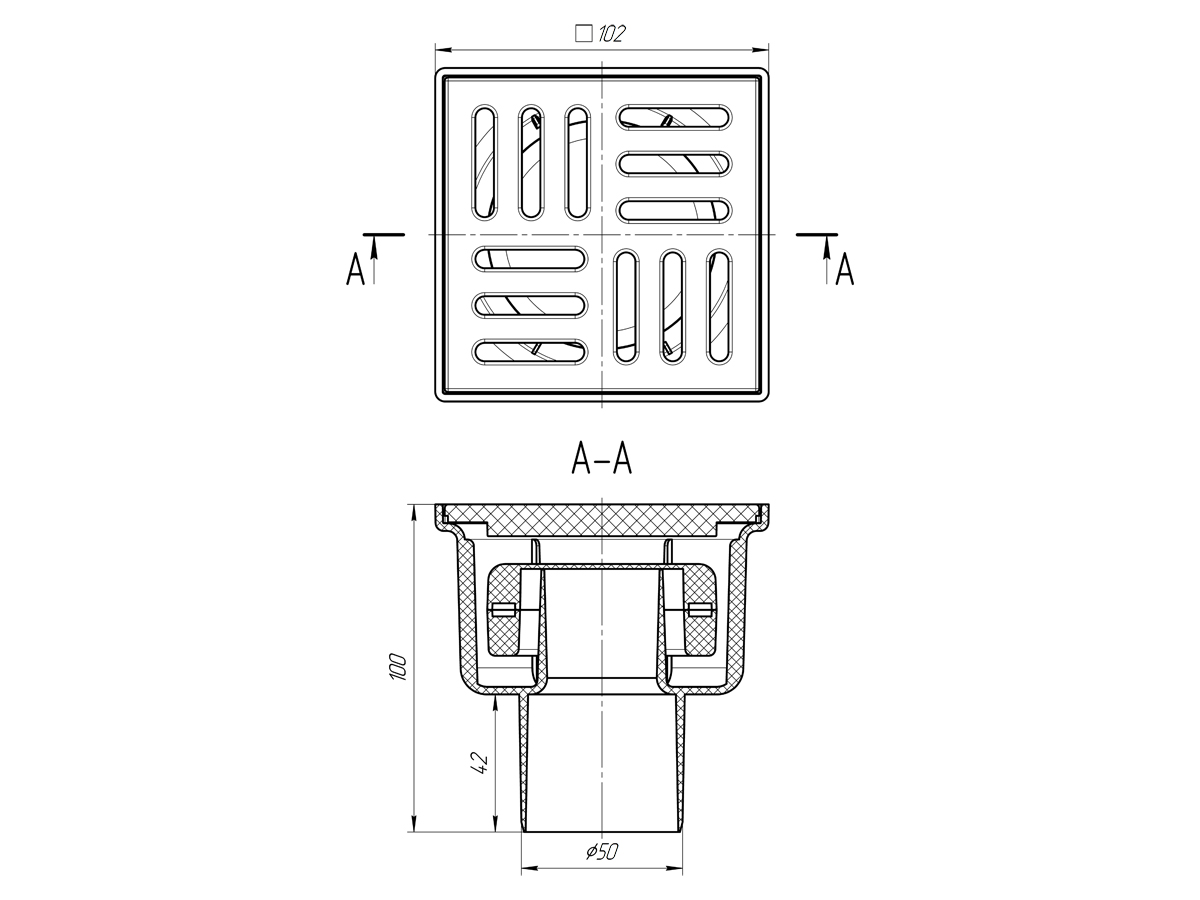 Трап для душа АНИ Пласт TQ5204 DN50 вертикальный нерегулируемый с сухим затвором и решёткой из пластика 100х100 мм