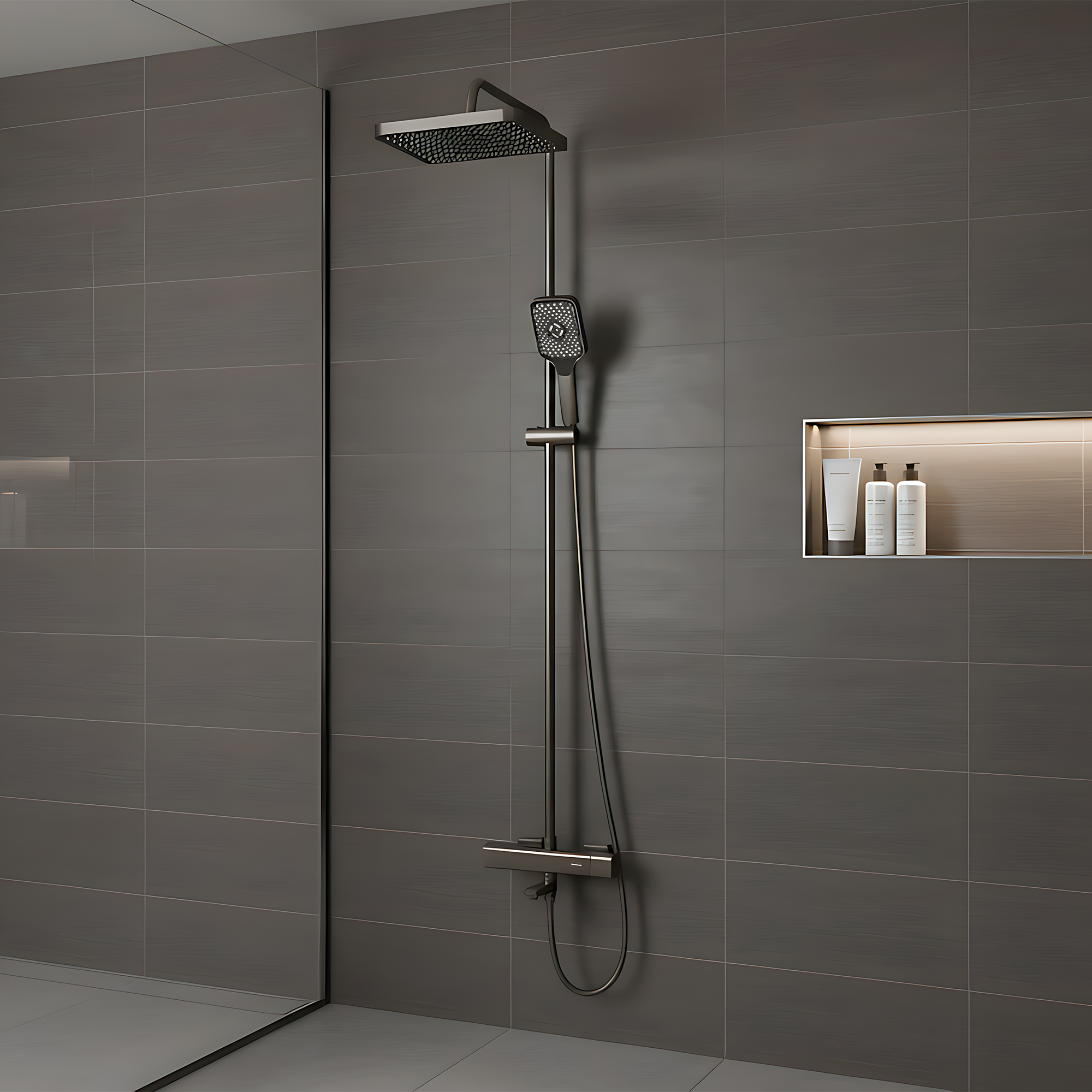 Душевая система TOKITO RAIN с термостатом вороненая сталь (TOK-RAI-1028GM)