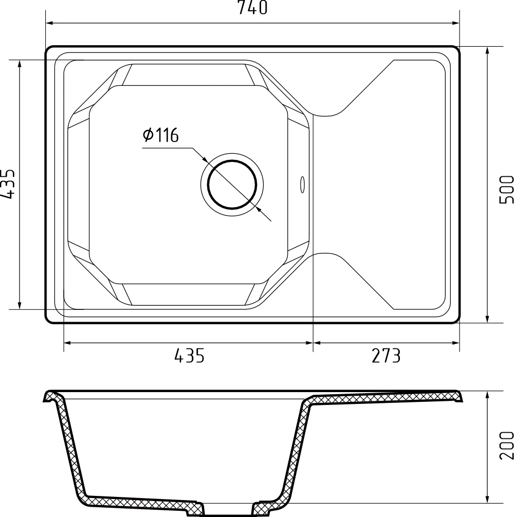 GRANFEST Мойка композит UNIQUE, GF-U-740L, чаш+кр 740*500, терракот