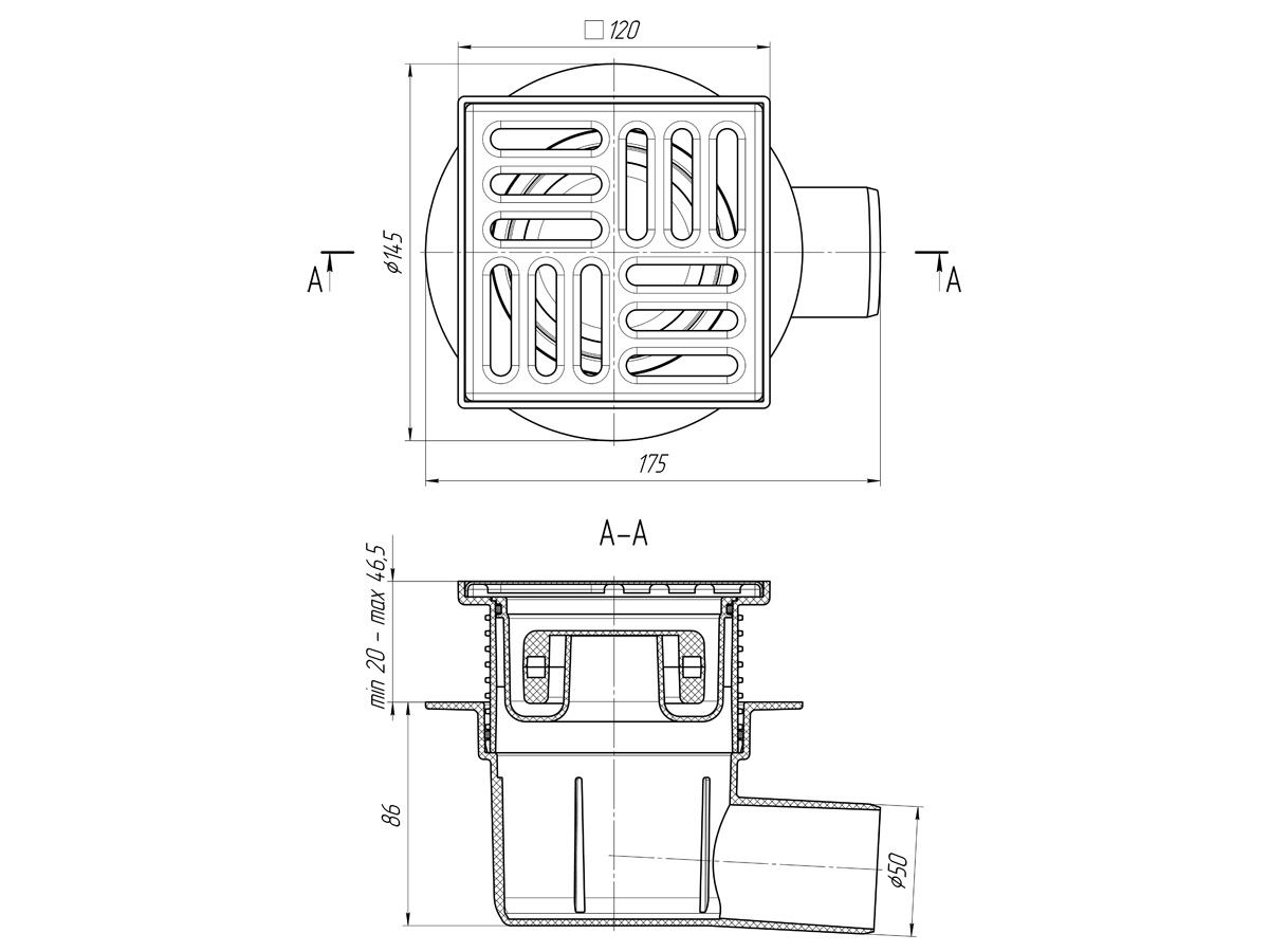 Трап гориз.вып.50 регул. с реш. 12x12 металл. сухой, ANI PLAST