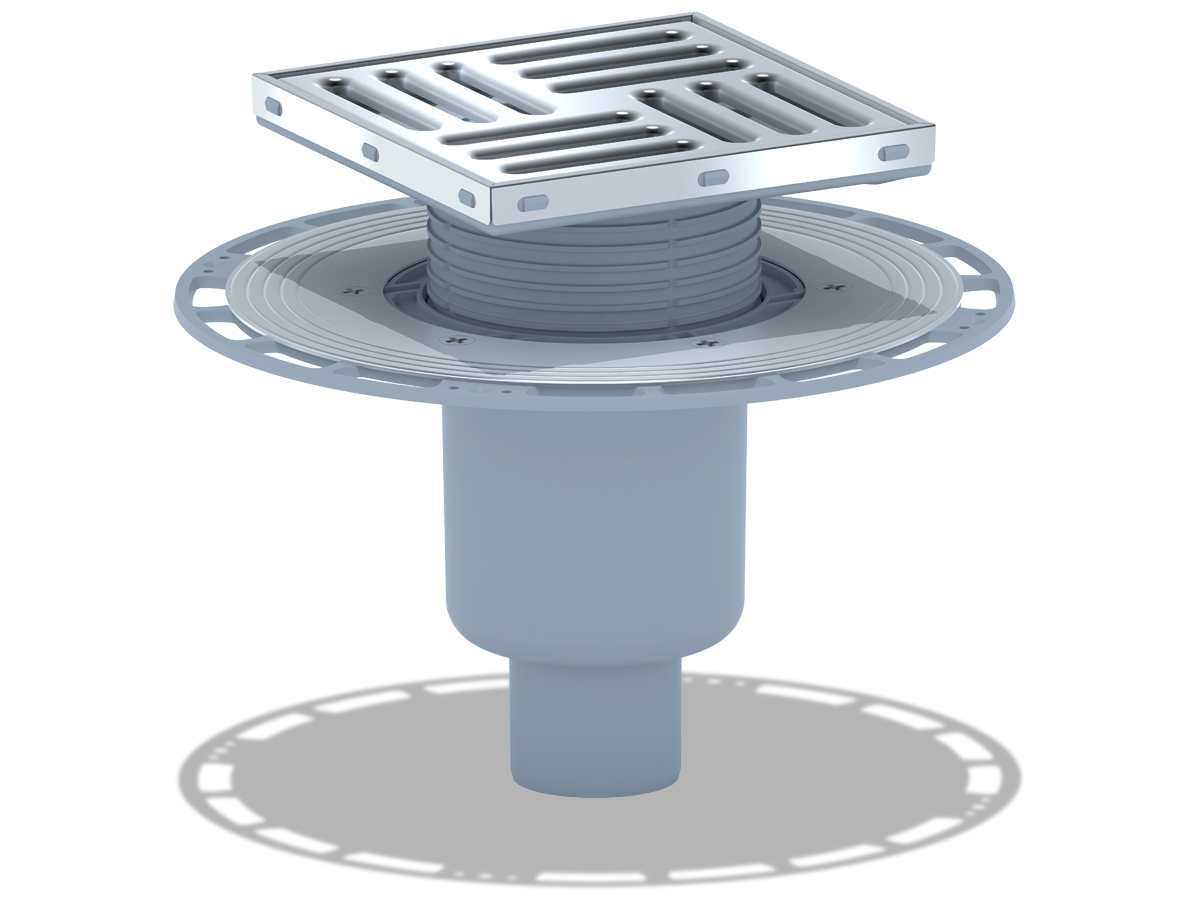 Трап для душа АНИ Пласт THZ5712 DN50 высокий вертикальный регулируемый с комбинированным затвором и решёткой из нержавеющей стали 150х150 мм
