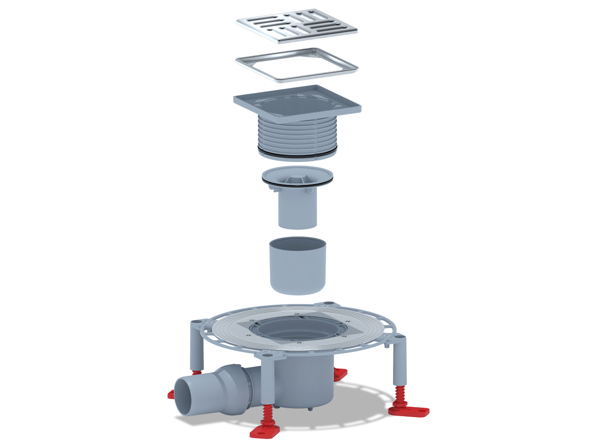 Трап горизонтальный регулируемый АНИ Пласт THA5614M выпуск 50 мм с решеткой из нержавеющей стали 120х120 мм с обрешеткой