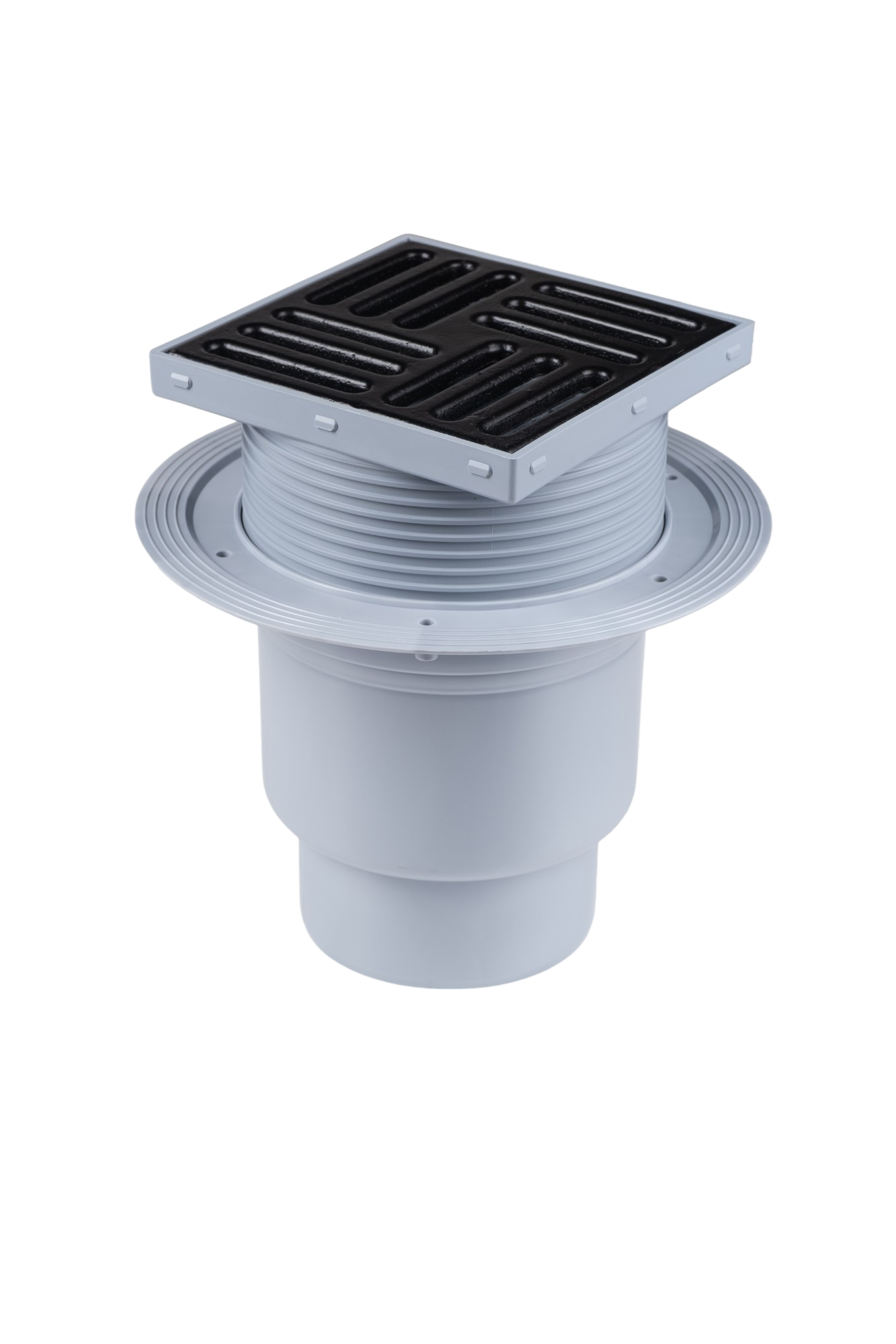 Трап для душа АНИ Пласт TA1716 вертикальный регулируемый с выпуском 110 мм и чугунной решеткой 150х150 мм