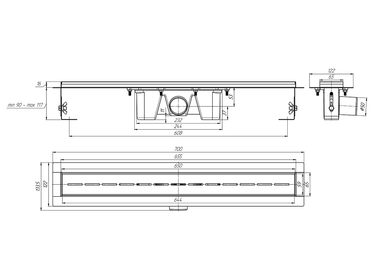 Трап линейный из нержавеющей стали АНИ Пласт TL2565G выпуск 50 мм решётка Киль глянцевая 650 мм
