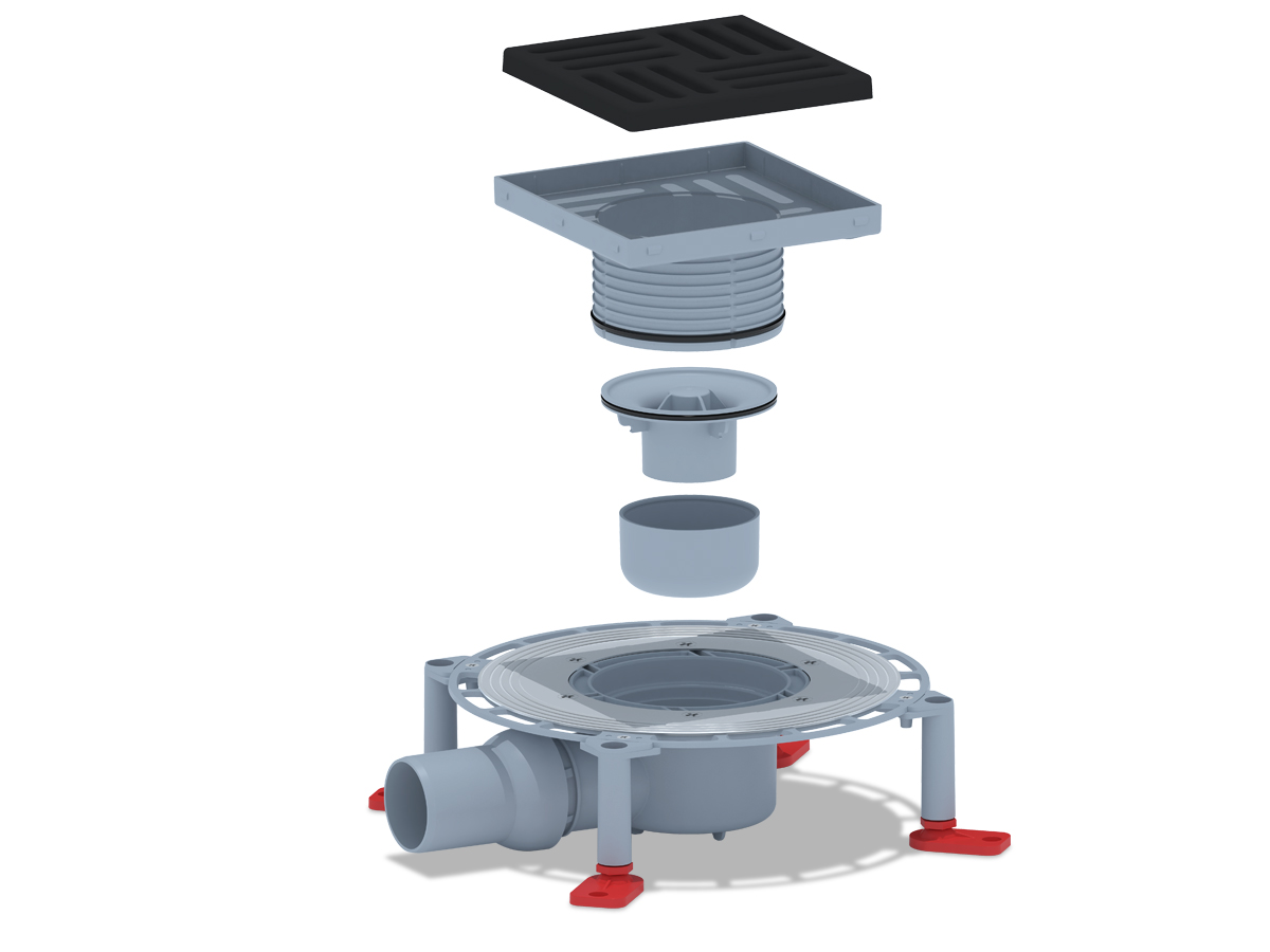 Трап горизонтальный регулируемый АНИ Пласт TVA5616 выпуск 50 мм с решеткой из чугуна 150х150 мм