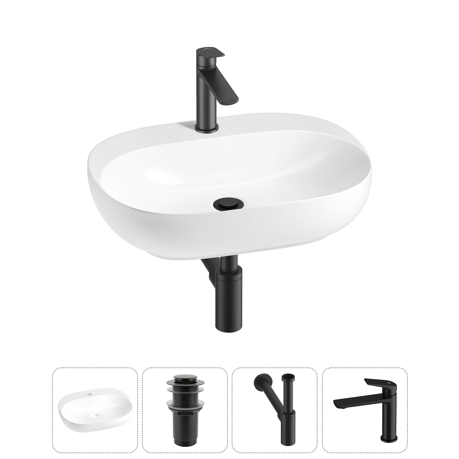 Накладная или подвесная раковина для ванной Wellsee Pro Line 20212430R в наборе 4 в 1: раковина белы