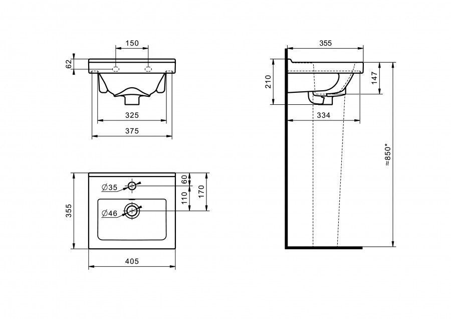 Умывальник Визит-40 (405х355) с переливом белый SANTERI Умывальник Визит-40 (405х355) с переливом белый SANTERI