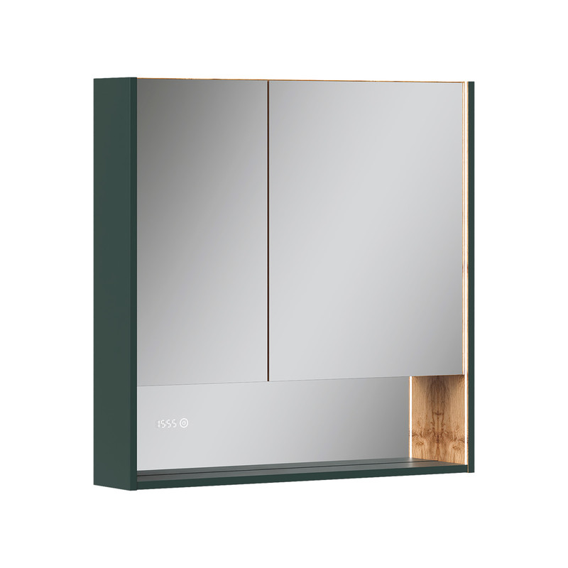 Шкаф зеркальный EQUIL Gleam 80, подвесной, 2 дв., зеленый камень/дуб вотан (szGLEAM.LED.80.2D-34)