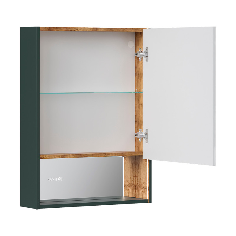 Шкаф зеркальный EQUIL Gleam 60, подвесной, 1 дв., зеленый камень/дуб вотан (szGLEAM.LED.60.1D-34)