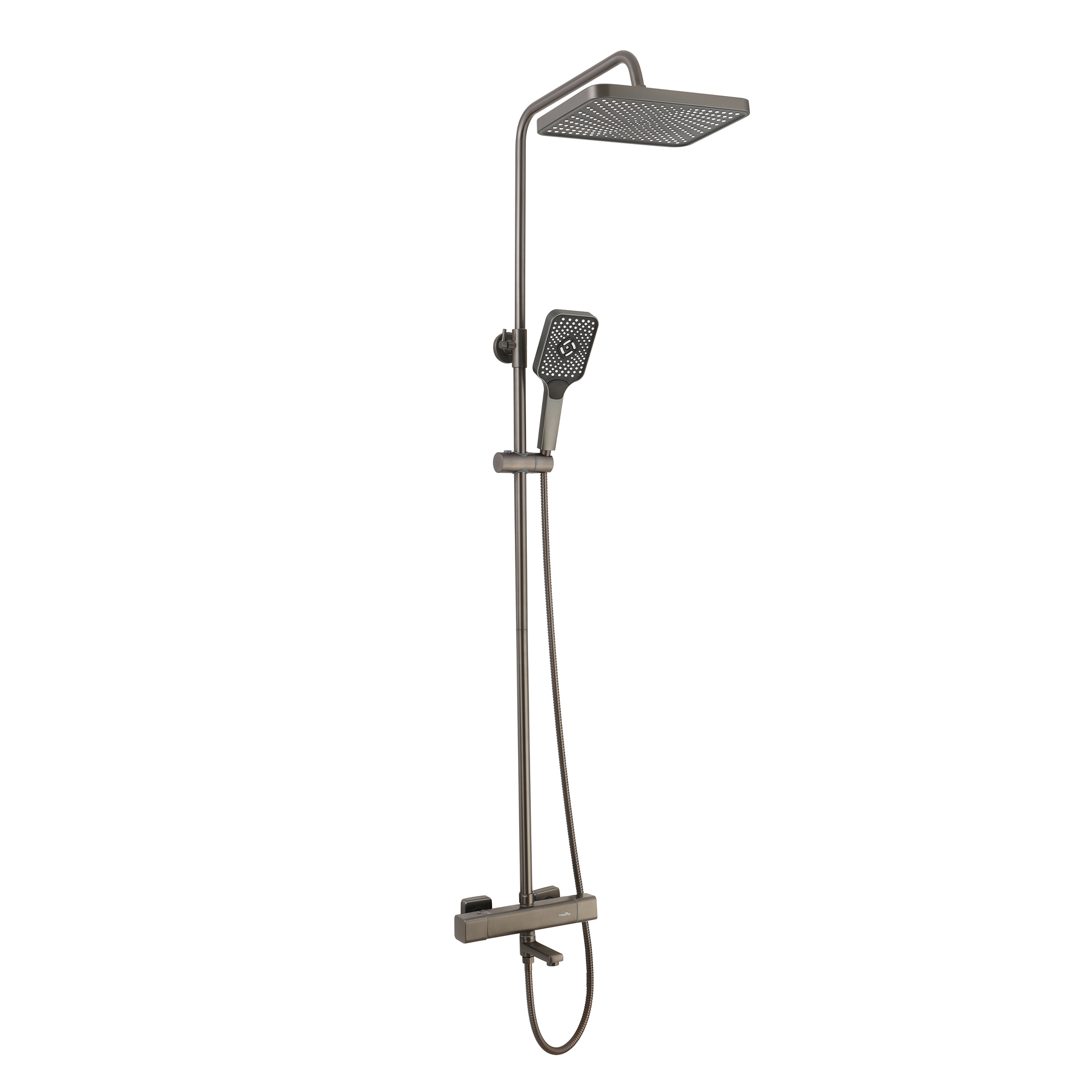 RAIN Смеситель для ванны с душевой стойкой и тропическим душем, вороненая сталь, TOKITO
