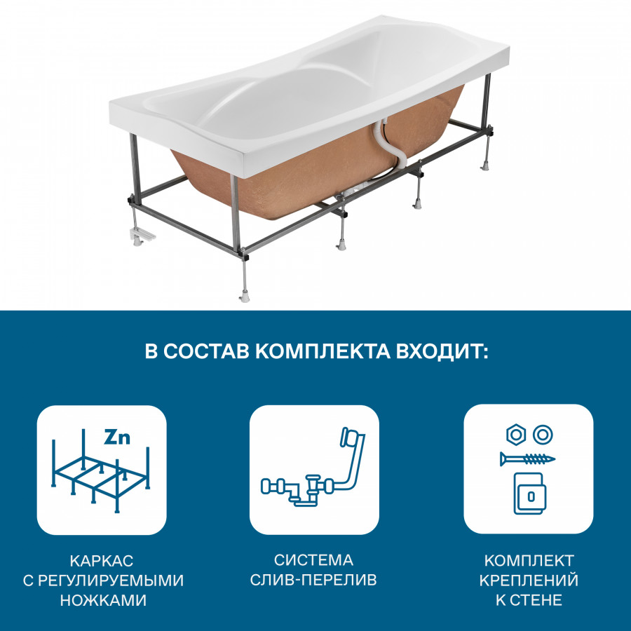 Монтажный комплект для ванны КОРСИКА 180х80 см. (рама, слив-перелив с сифоном, крепеж к стене, крепе