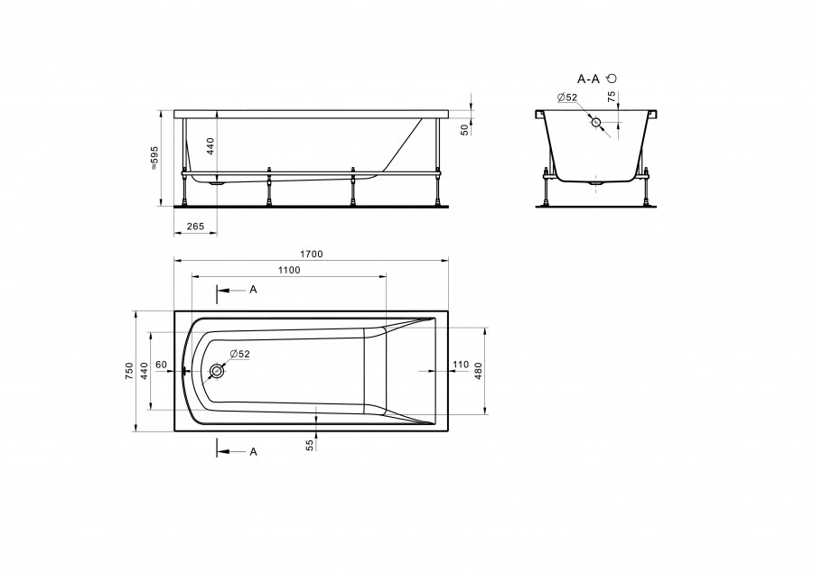 ФИДЖИ Ванна акриловая 170х75 см., без монтажного комплекта, САНТЕК