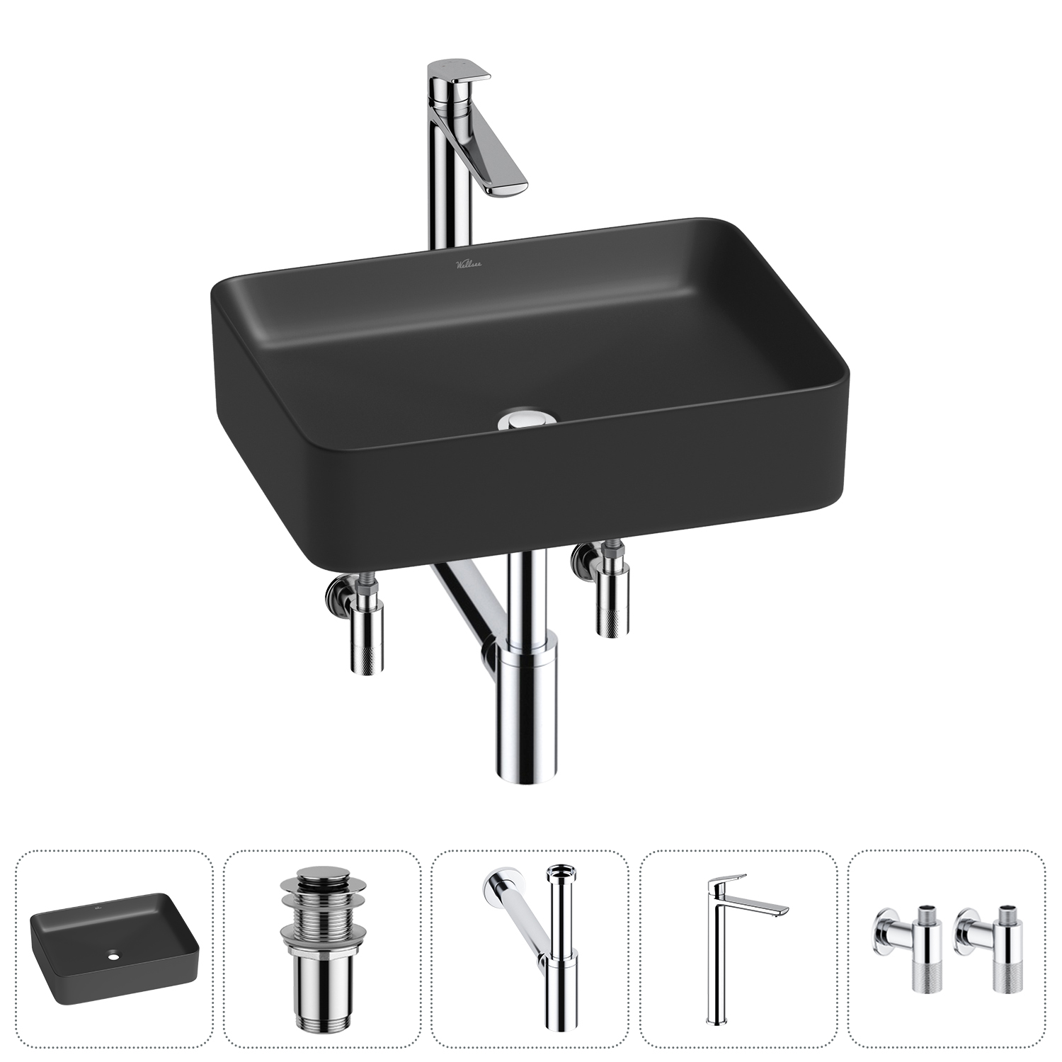 Накладная раковина для ванной комнаты Wellsee Mint 20212502R в наборе 5 в 1: раковина матовая черная