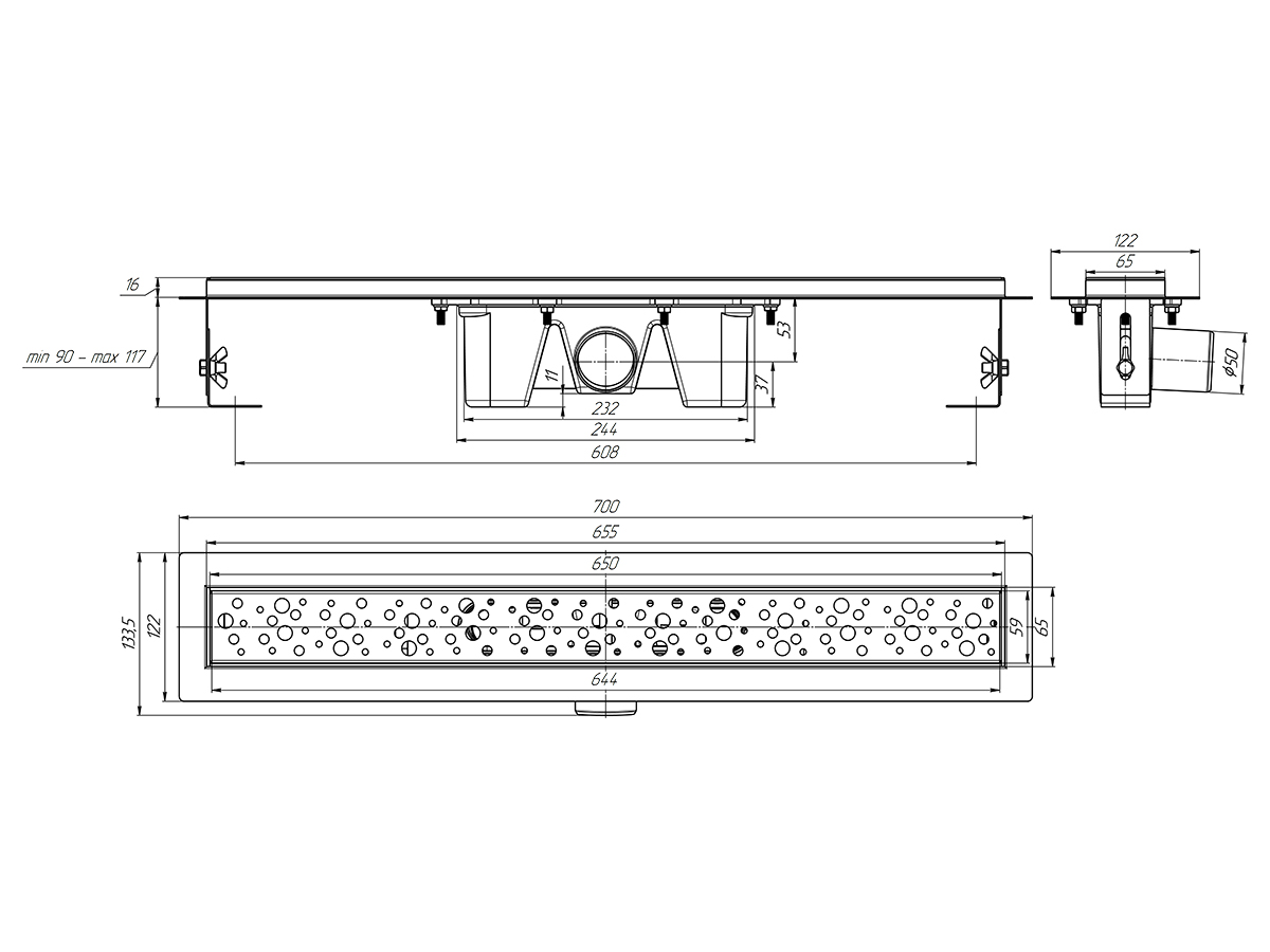 Трап линейный из нержавеющей стали АНИ Пласт TL2365G выпуск 50 мм решётка Бриз глянцевая 650 мм