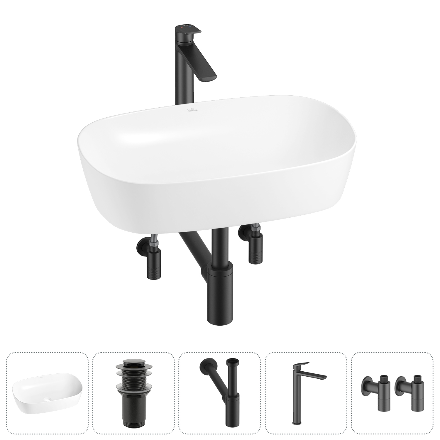 Накладная раковина для ванной комнаты Wellsee Ground Breaking 20212346R в наборе 5 в 1: раковина бел