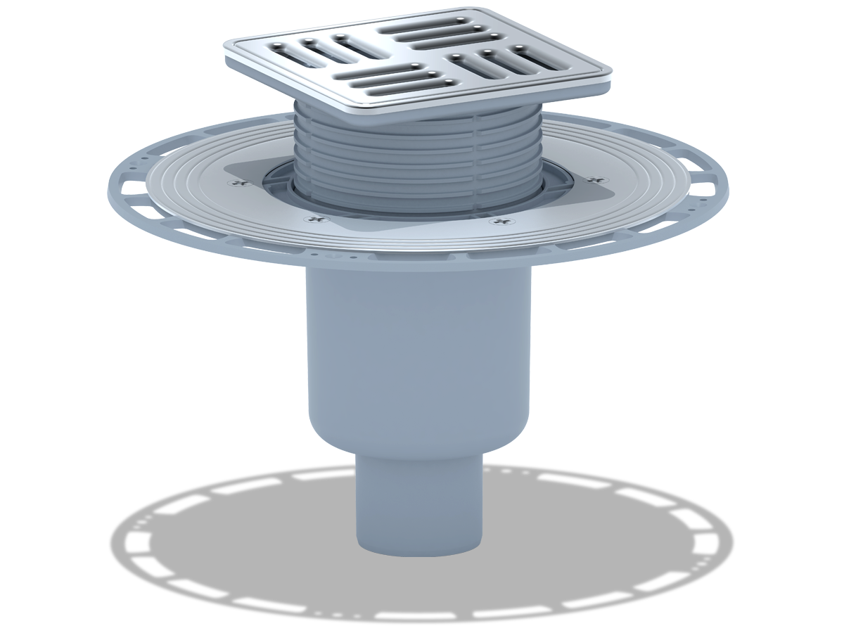 Трап вертикальный регулируемый АНИ Пласт THA5714M выпуск 50 мм с решеткой и обрешеткой из нержавеющей стали 120х120 мм