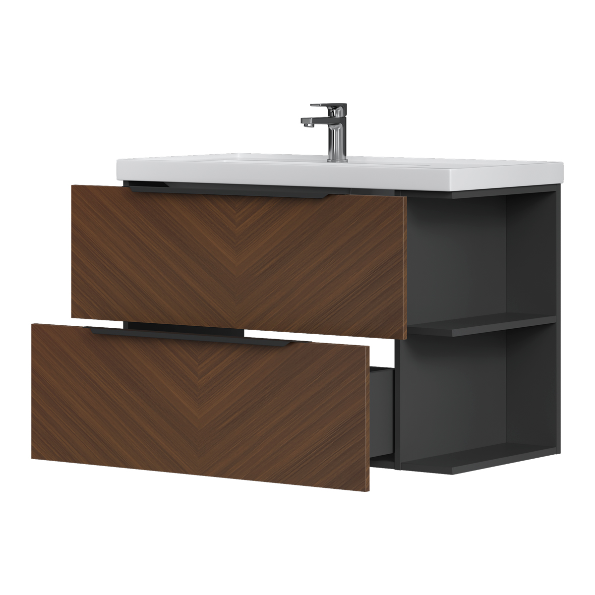 Тумба EQUIL Forest 90 подвесная 2 ящ. орех/графит (под раковину 978857(90)L) Тумба EQUIL Forest 90 подвесная 2 ящ. орех/графит (под раковину 978857(90)L)