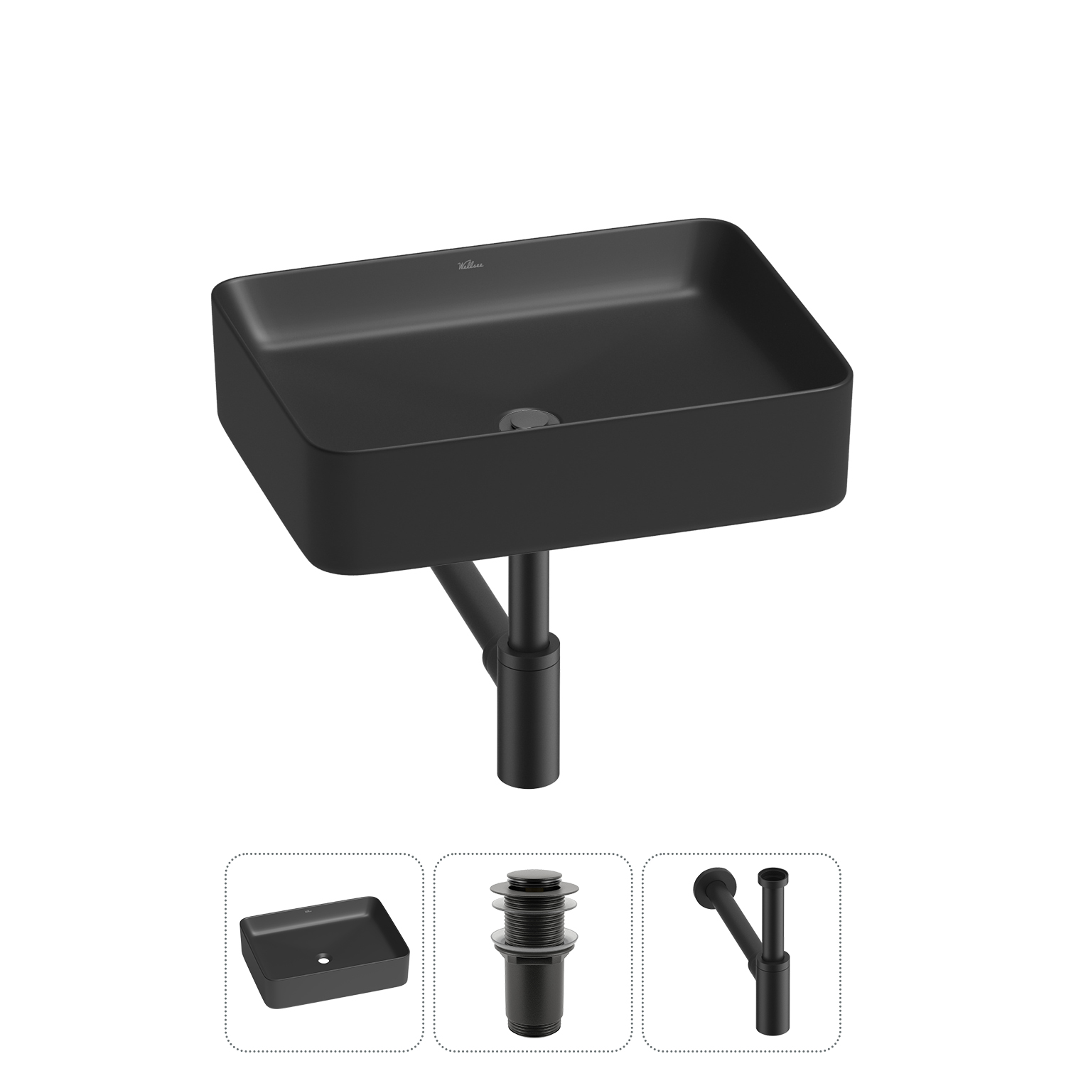 Накладная раковина для ванной комнаты Wellsee Mint 20212497R в наборе 3 в 1: раковина матовая черная