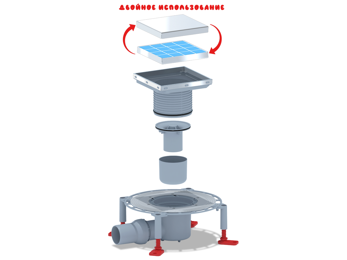 Трап горизонтальный регулируемый АНИ Пласт THA5812 выпуск 50 мм с решеткой из нержавеющей стали 150х150 мм под плитку