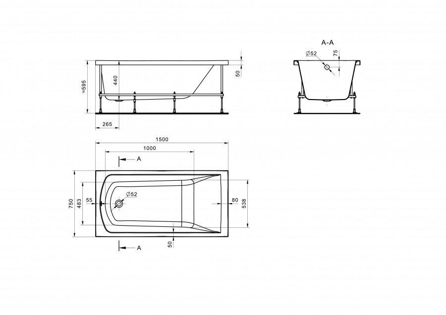 ФИДЖИ Ванна акриловая 150х75 см., без монтажного комплекта, САНТЕК