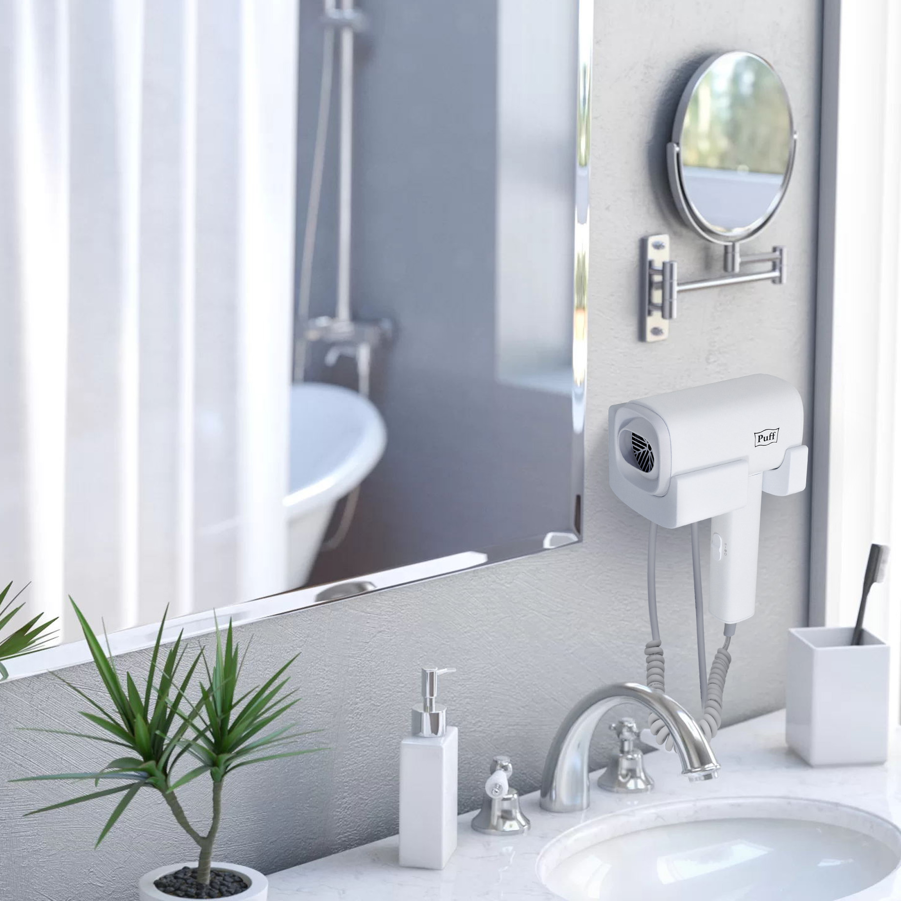 Фен для волос настенный PUFF-1601 белый матовый, 1,6 кВт (1405.010)