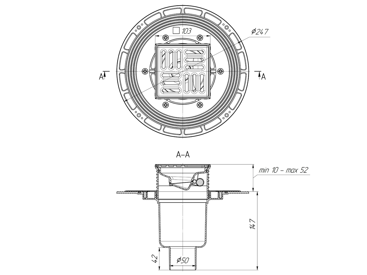 Трап для душа АНИ Пласт THQ5702 DN50 вертикальный регулируемый с сухим затвором и решёткой из нержавеющей стали 100х100 мм