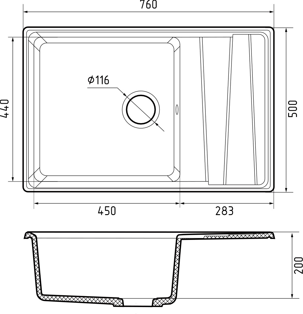 GRANFEST Мойка композит LEVEL, GF-LV-760L, чаш+кр 760*500, песочный