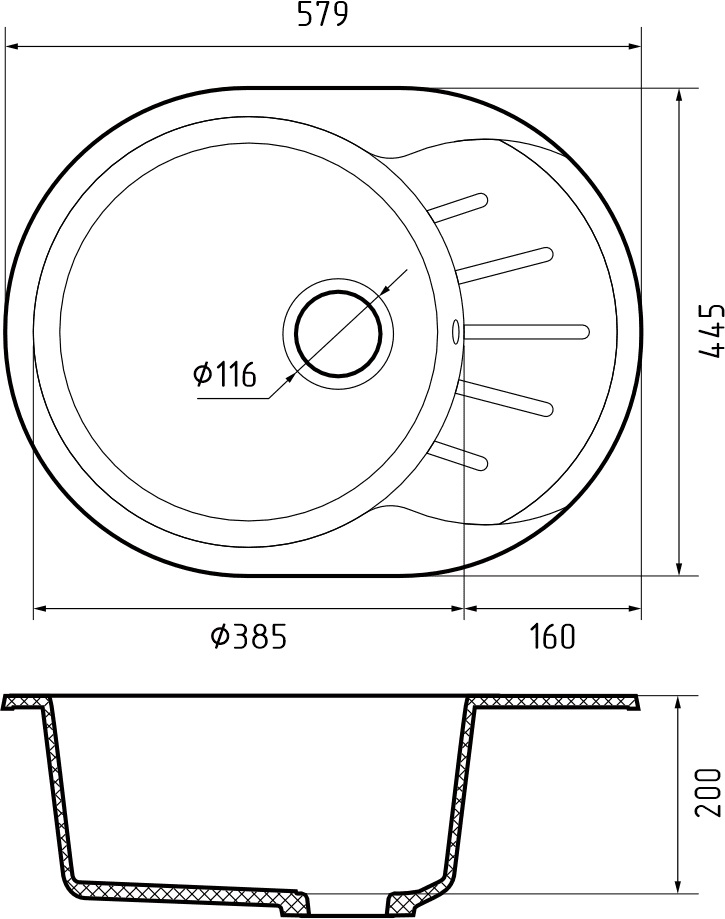 GRANFEST Мойка композит RONDO GF-R--580L  чаша с крылом 579*445мм  песочный арт.GF-