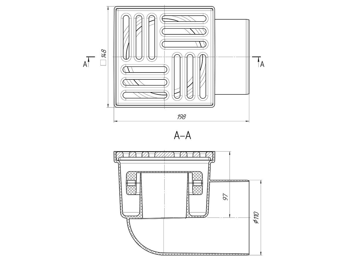 Трап для душа АНИ Пласт TQ1116 DN110 горизонтальный нерегулируемый с сухим затвором и решёткой из чугуна 150х150 мм