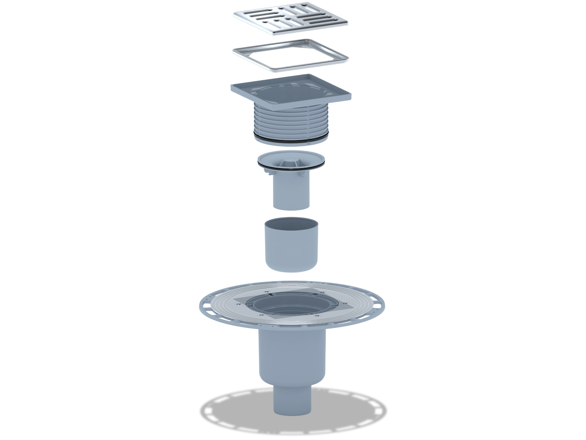 Трап вертикальный регулируемый АНИ Пласт THA5714M выпуск 50 мм с решеткой и обрешеткой из нержавеющей стали 120х120 мм