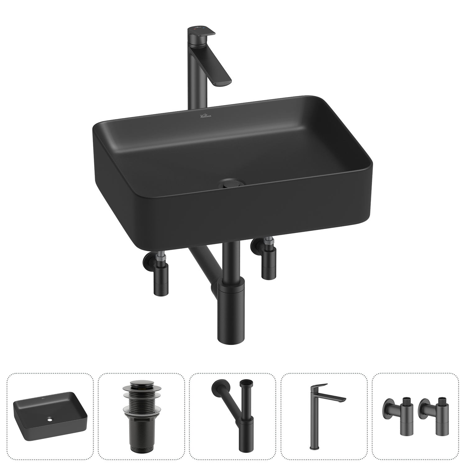 Накладная раковина для ванной комнаты Wellsee Mint 20212503R в наборе 5 в 1: раковина матовая черная