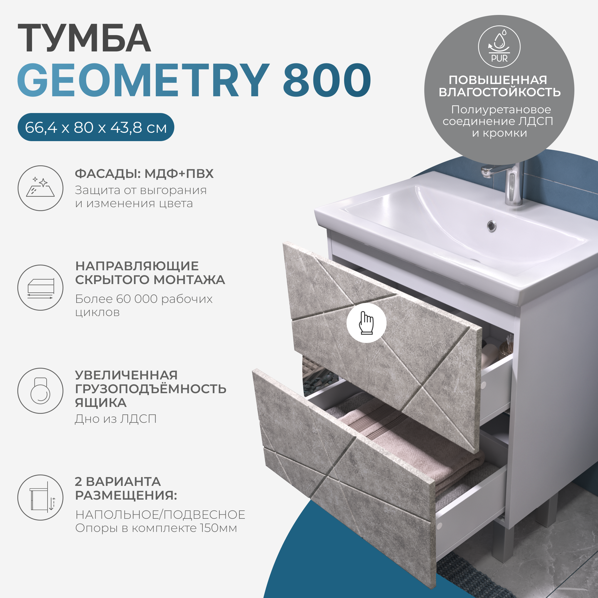 Тумба под раковину VIGO Geometry 80 напольная бетон (025 бетон)