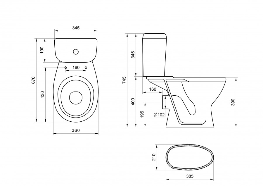 Унитаз-компакт "Pro" горизонтальный выпуск, с 1-режимной кнопочной арматурой и сиденьем полипропилен