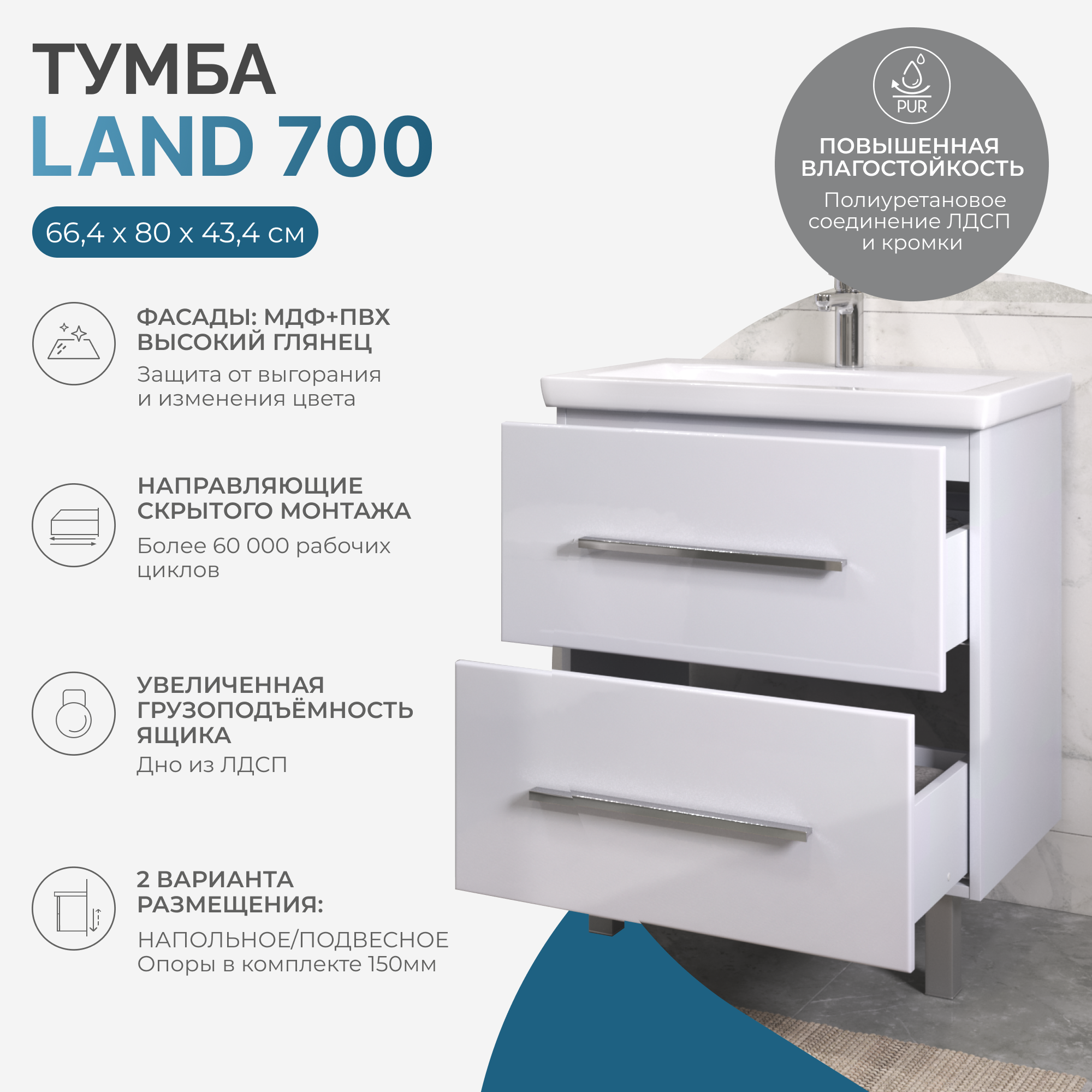 Тумба под раковину VIGO Land 70 напольная белый (020)