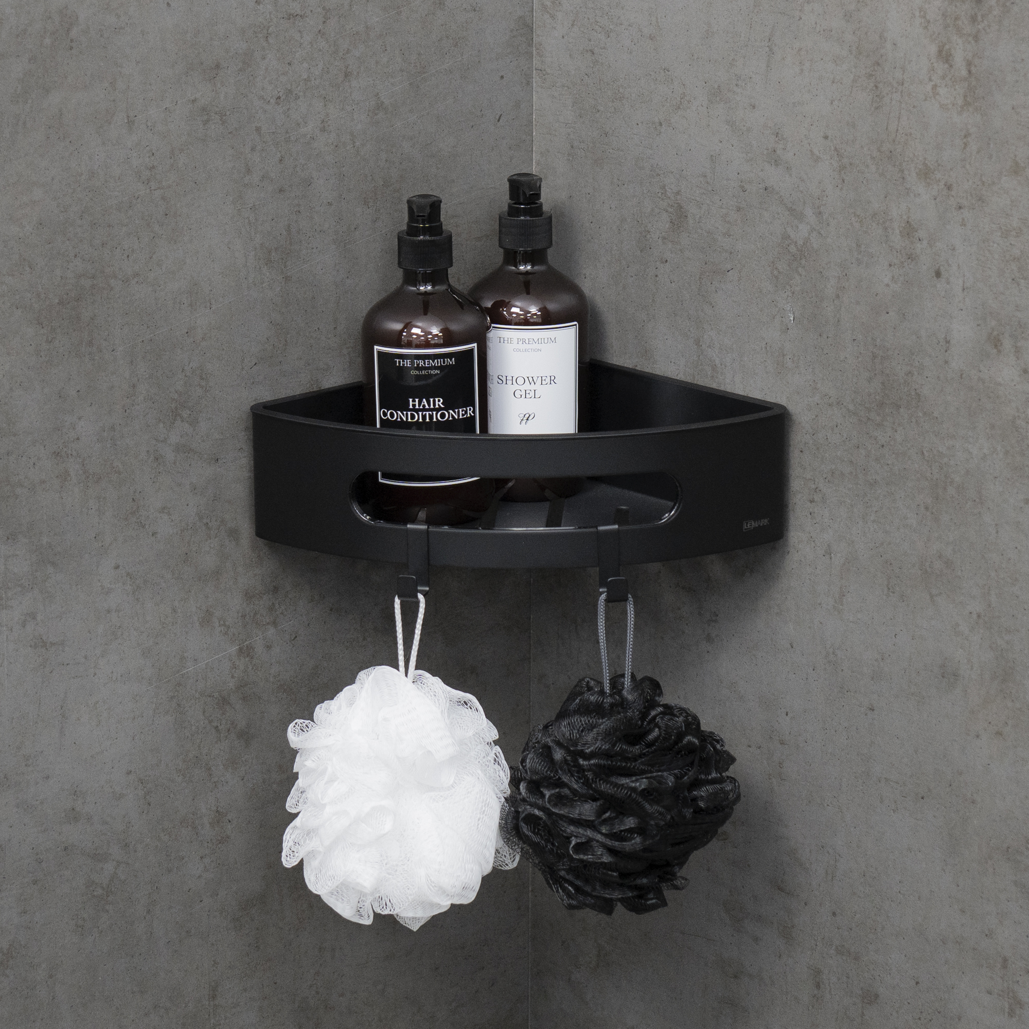 Полка для душа угловая LEMARK SHELF LINE из нерж. стали с крючками, черный/ вставка-пластик черный купить оптом и для комплектации объектов в компании «Лаваль».